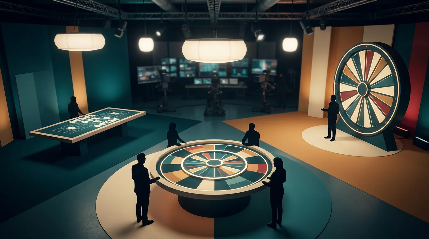Ilustrasi studio kasino langsung, meja roulette, blackjack dan baccarat
